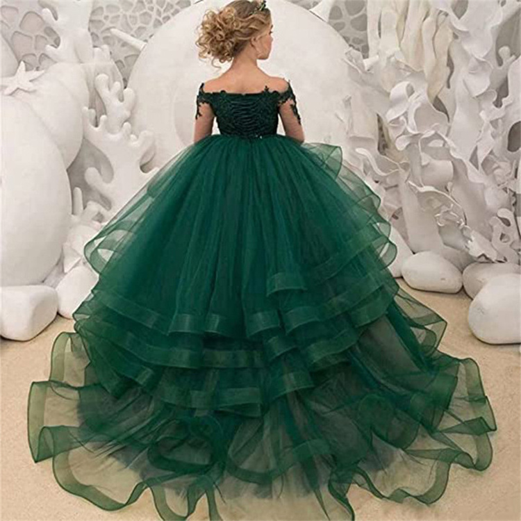 Wholesale In stock Children's wedding dress girl's long-sleeved lace performance birthday princess cake long dress