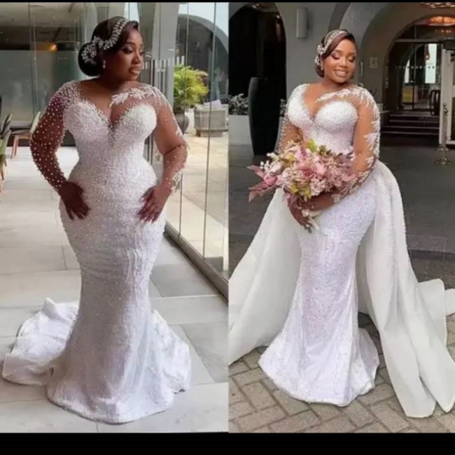 2023 Hot New African Plus-size Wedding Bride Fish Tail Removable Wedding Dress Embroidery Pearl High Quality Wedding Dress