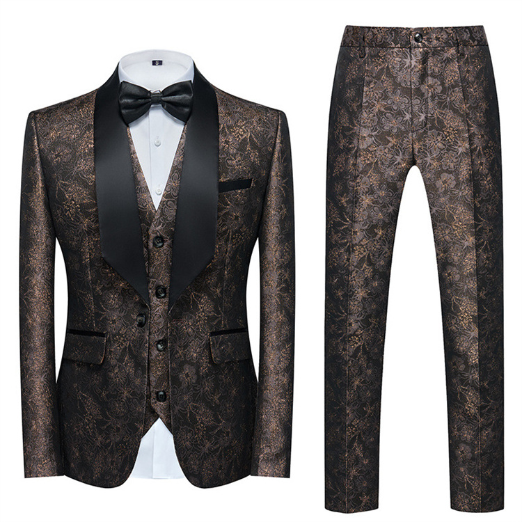 Hot sale men's tuxedo jacquard suit three-piece dress printed blazer vest pants wedding men's suit