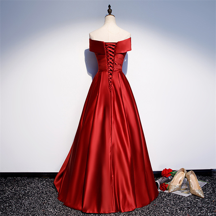 2023 Wedding New One-line Shoulder Slimming Red Satin Party Bridesmaid Toast Dress Evening Dress