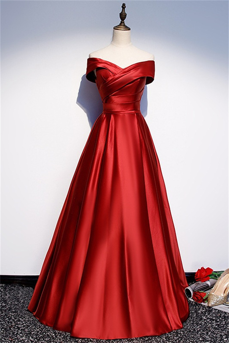 2023 Wedding New One-line Shoulder Slimming Red Satin Party Bridesmaid Toast Dress Evening Dress