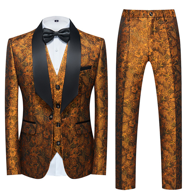 Hot sale men's tuxedo jacquard suit three-piece dress printed blazer vest pants wedding men's suit