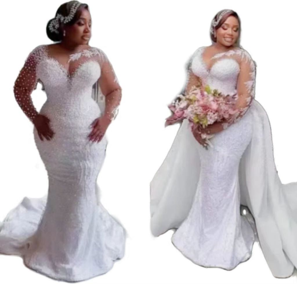 2023 Hot New African Plus-size Wedding Bride Fish Tail Removable Wedding Dress Embroidery Pearl High Quality Wedding Dress