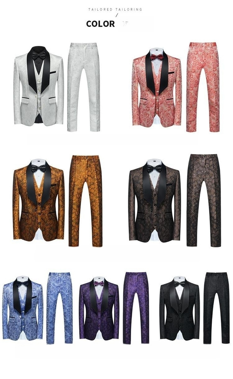 Hot sale men's tuxedo jacquard suit three-piece dress printed blazer vest pants wedding men's suit