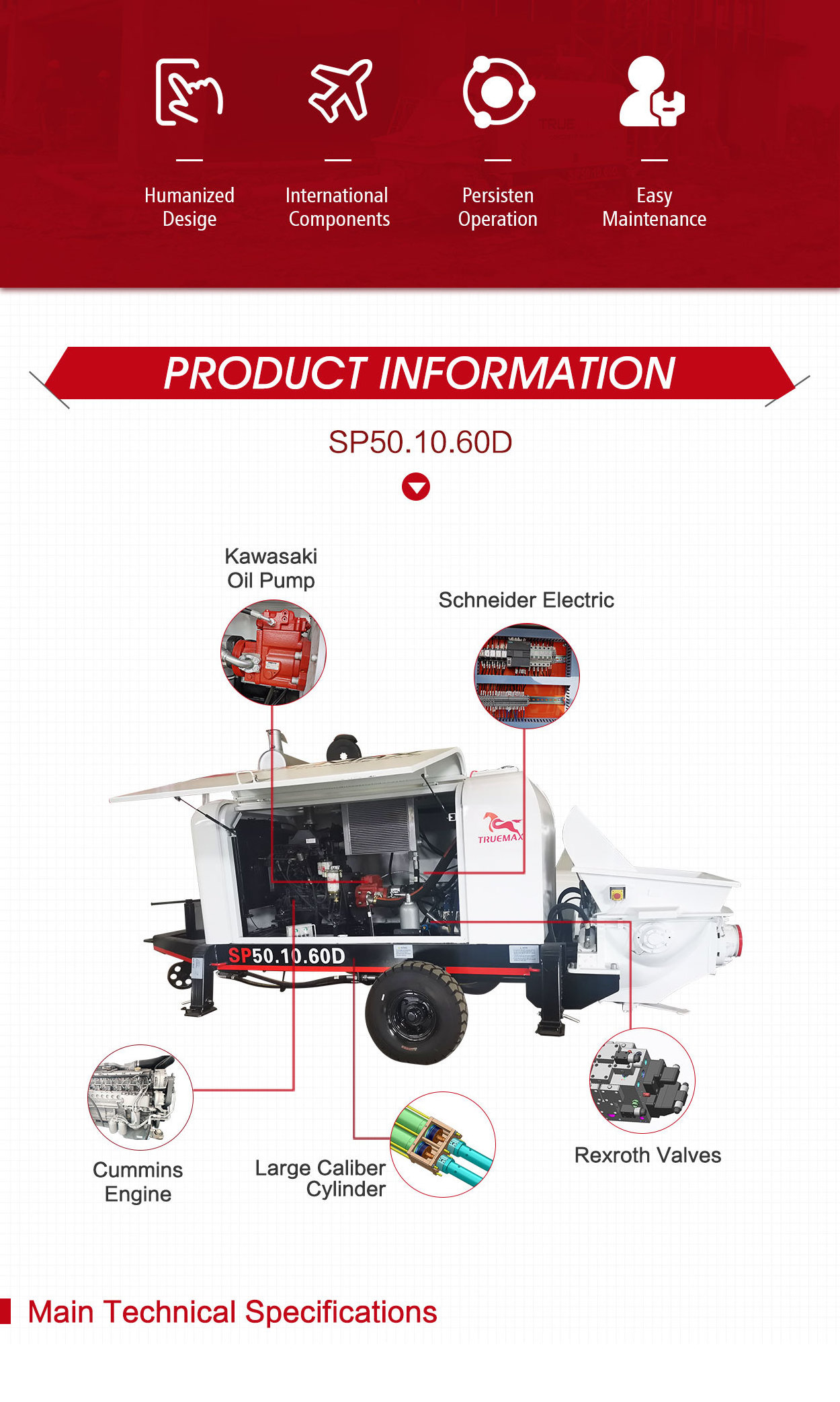 Truemax SP80.18.186D concrete mixer pump diesel trailer machine price putzmeister cement stationary concrete pumps