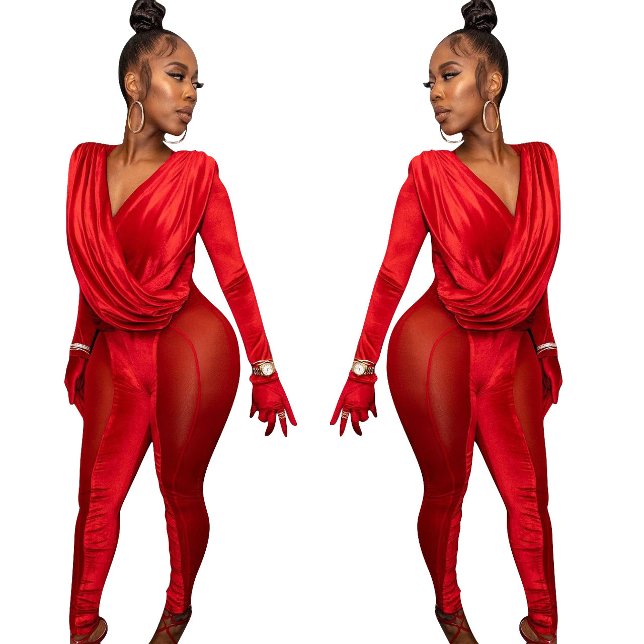 New arrival fall 2021 women clothes velvet stitching mesh slim fit long sleeve sexy playsuit rompers women jumpsuit