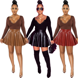 2024 New Arrival S-3XL Sexy fashion Solid color PU leather swing women's half skirt Mini skirt plus size clothes women