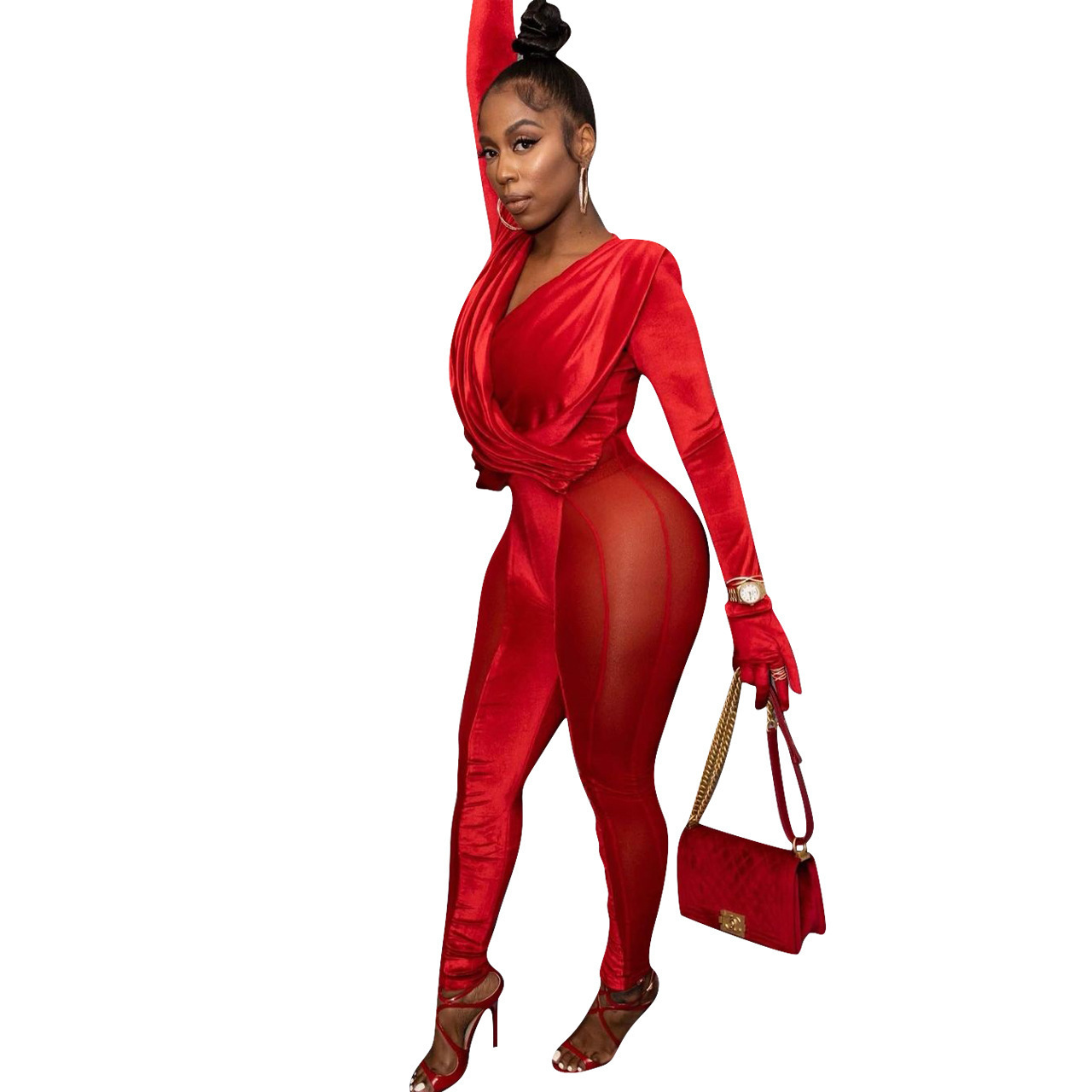 New arrival fall 2021 women clothes velvet stitching mesh slim fit long sleeve sexy playsuit rompers women jumpsuit