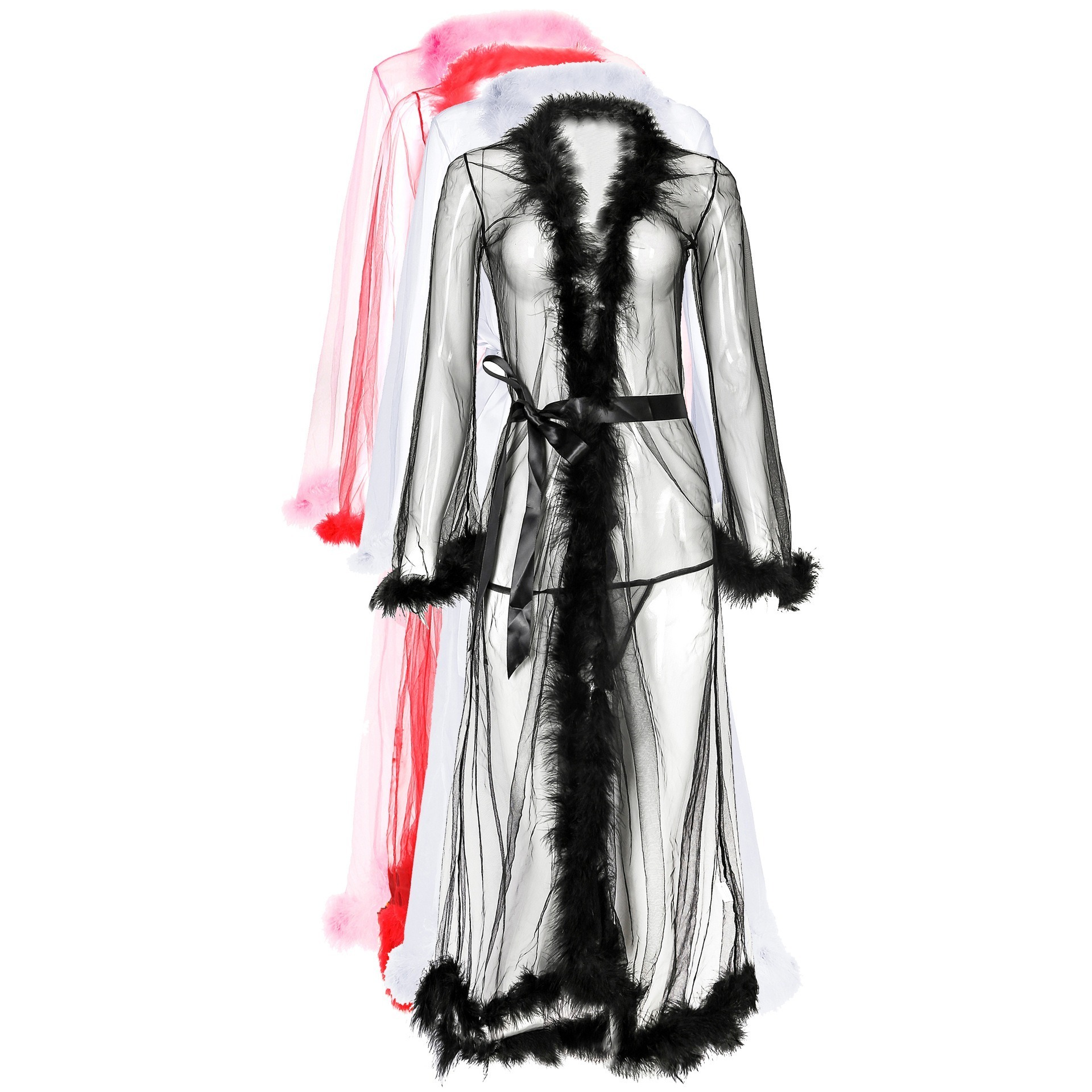 Women Sexy Bathrobe Fur Mesh Robe Solid Color Transparent Mesh Sexy Lace Long Robes Pajamas Women With Sashes