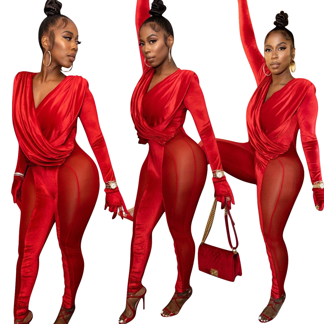 New arrival fall 2021 women clothes velvet stitching mesh slim fit long sleeve sexy playsuit rompers women jumpsuit