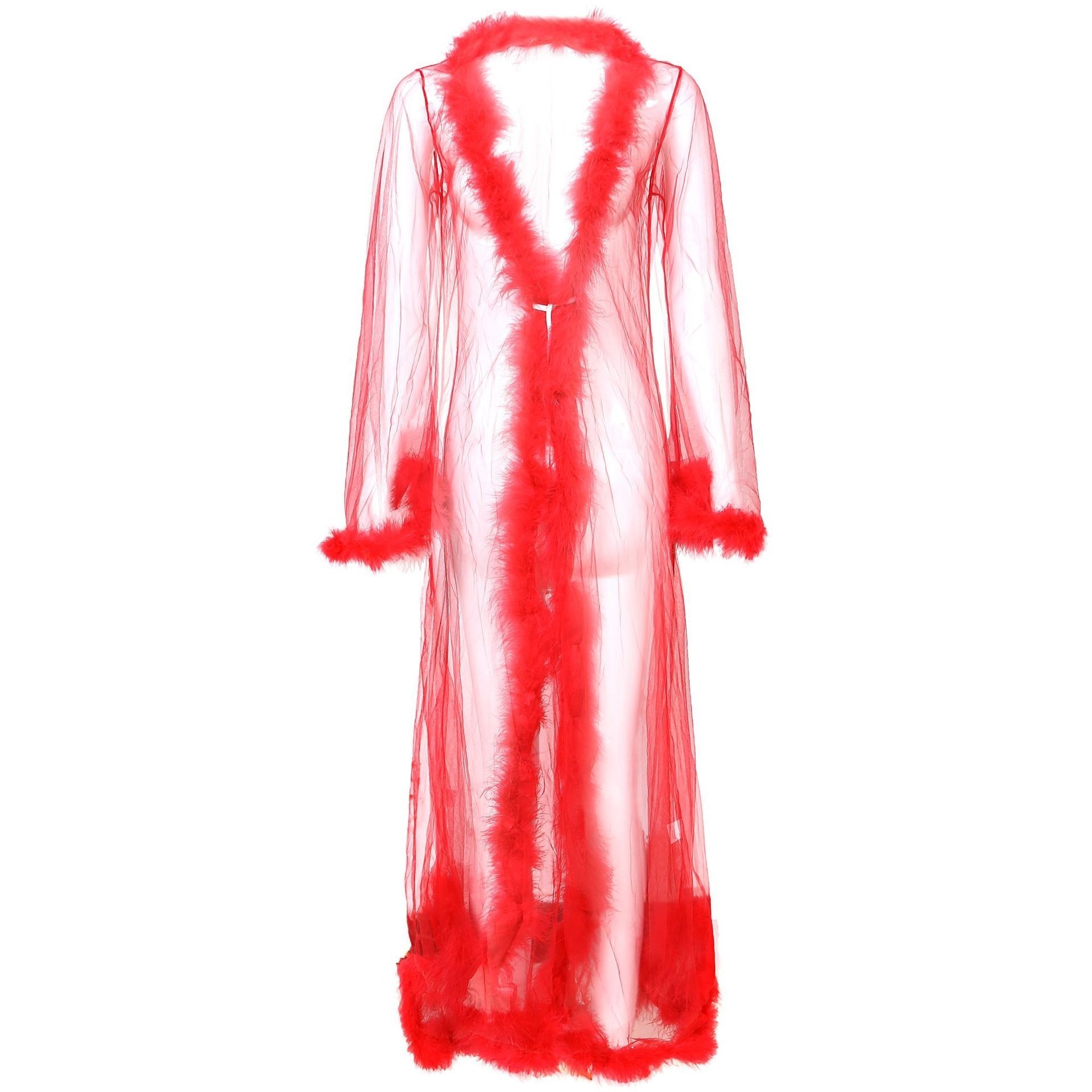 Women Sexy Bathrobe Fur Mesh Robe Solid Color Transparent Mesh Sexy Lace Long Robes Pajamas Women With Sashes