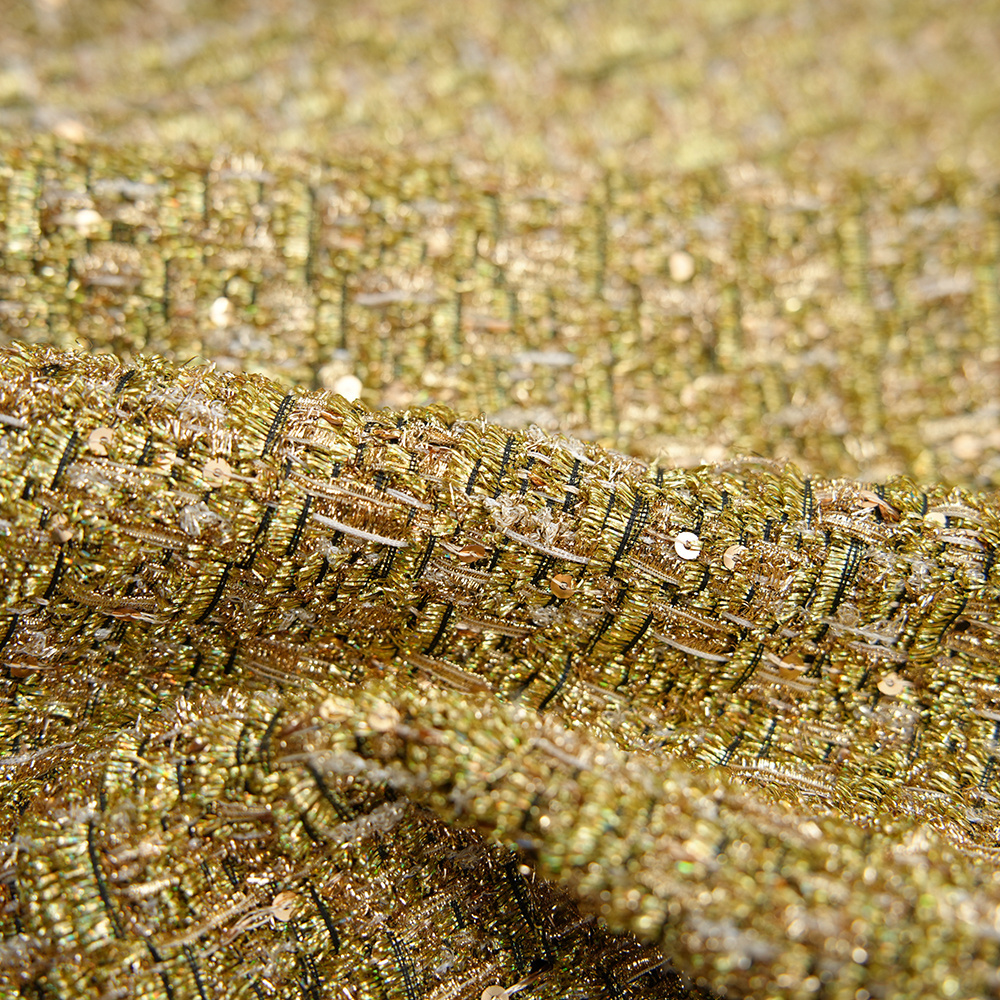 New Fashion RTS Shiny Golden Tweed Fabric Fancy Yarn Woven Fabric 20%P 80%MET for Women Suit Overcoat Dress