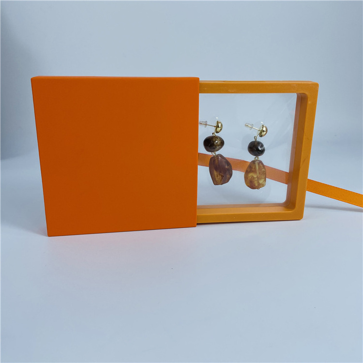 Orange Paper Cardboard Jewelry Gift Box Transparent Box Storage Breastpin Earring Drawer Box Recyclable Jewellery Packaging