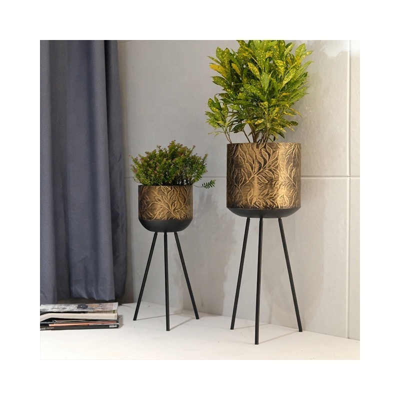 Modern Metal Black Brush Gold Flower Pot Stand with Flower Pattern for Home Planter for Garden