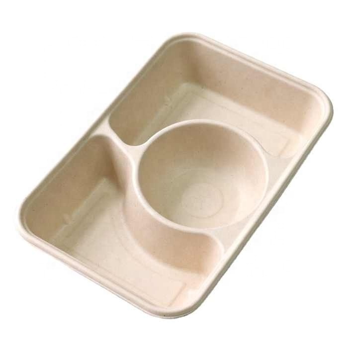 No Added pfas Sugarcane Food Plate Bagasse Disposable TakeAway Food 3 Compartment Lunch Tray With Lid