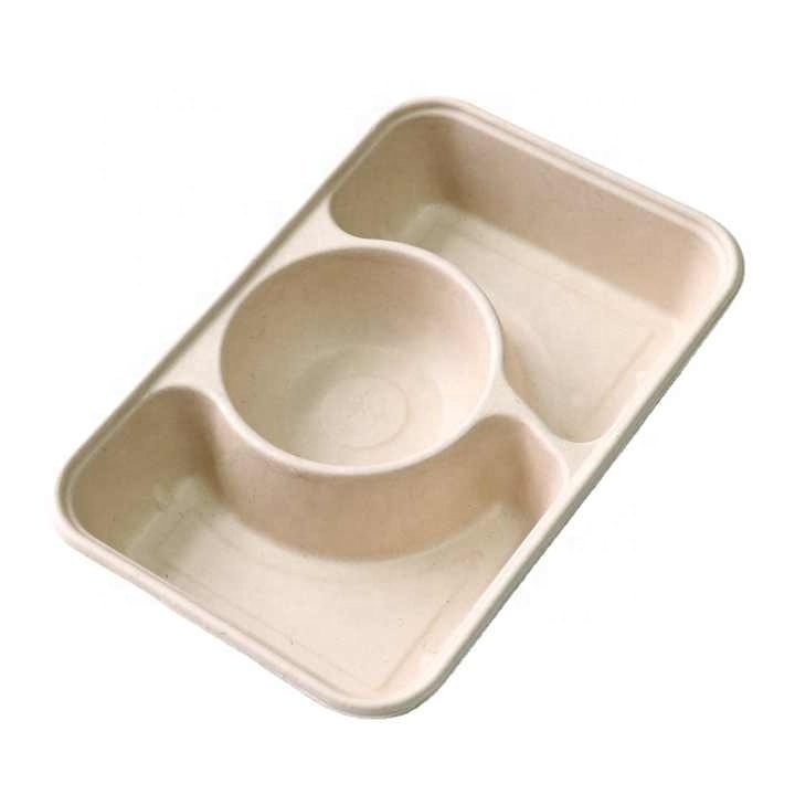 No Added pfas Sugarcane Food Plate Bagasse Disposable TakeAway Food 3 Compartment Lunch Tray With Lid