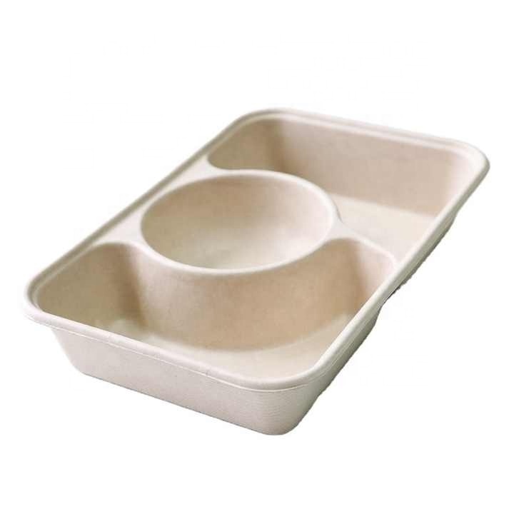 No Added pfas Sugarcane Food Plate Bagasse Disposable TakeAway Food 3 Compartment Lunch Tray With Lid