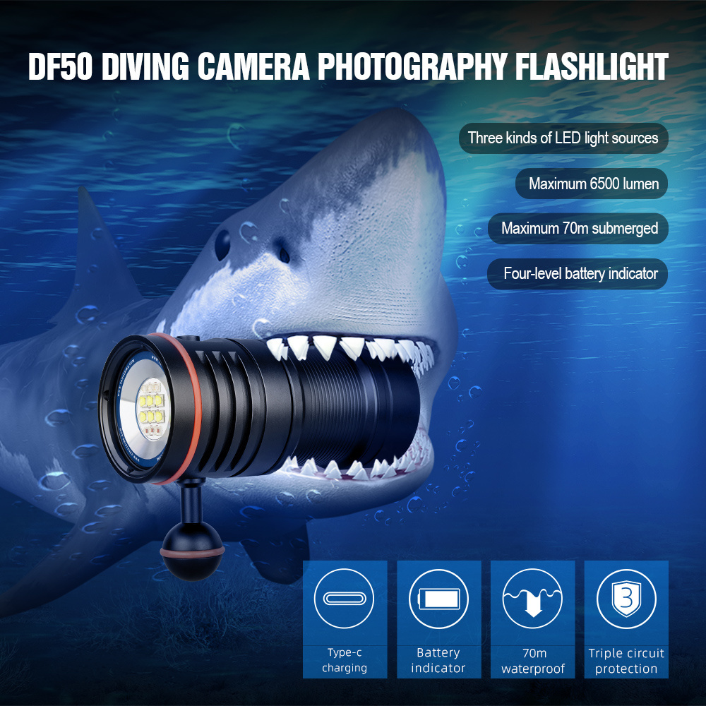 Trustfire DF50 6500LM Scuba Diving Flashlight Red UV Photography Light Heavy Duty Cave Dive Torch