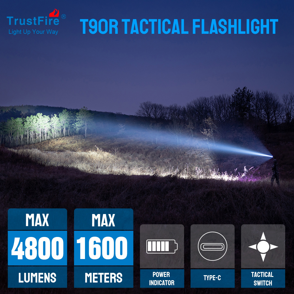 2022 TrustFire Latest Design T90R High Power 4800 Lumen USB Rechargeable 1.6KM Long Range Led Flashlight Tactical with 5 Modes