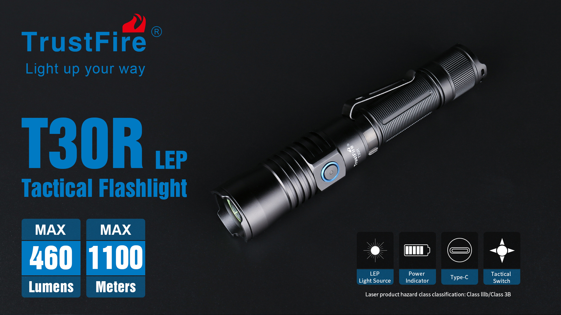 High Powered LEP Laser Flashlight TrustFire T30R 460 Lumens LED Tactical Camping Hunting Torch Light Flashlight