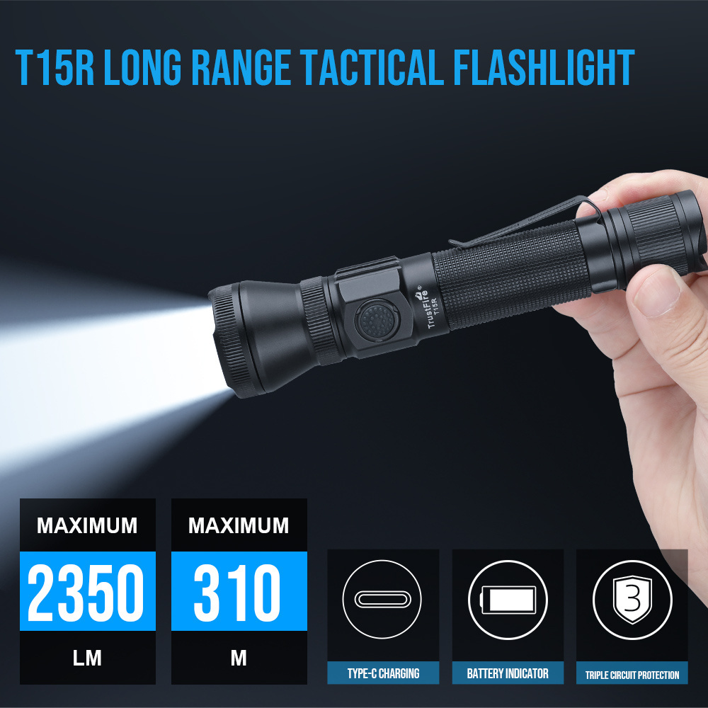 TrustFire T15R 1800LM Compact 500M Long Beam Hunting Flashlight USB C 18650 Tactical Flashlight