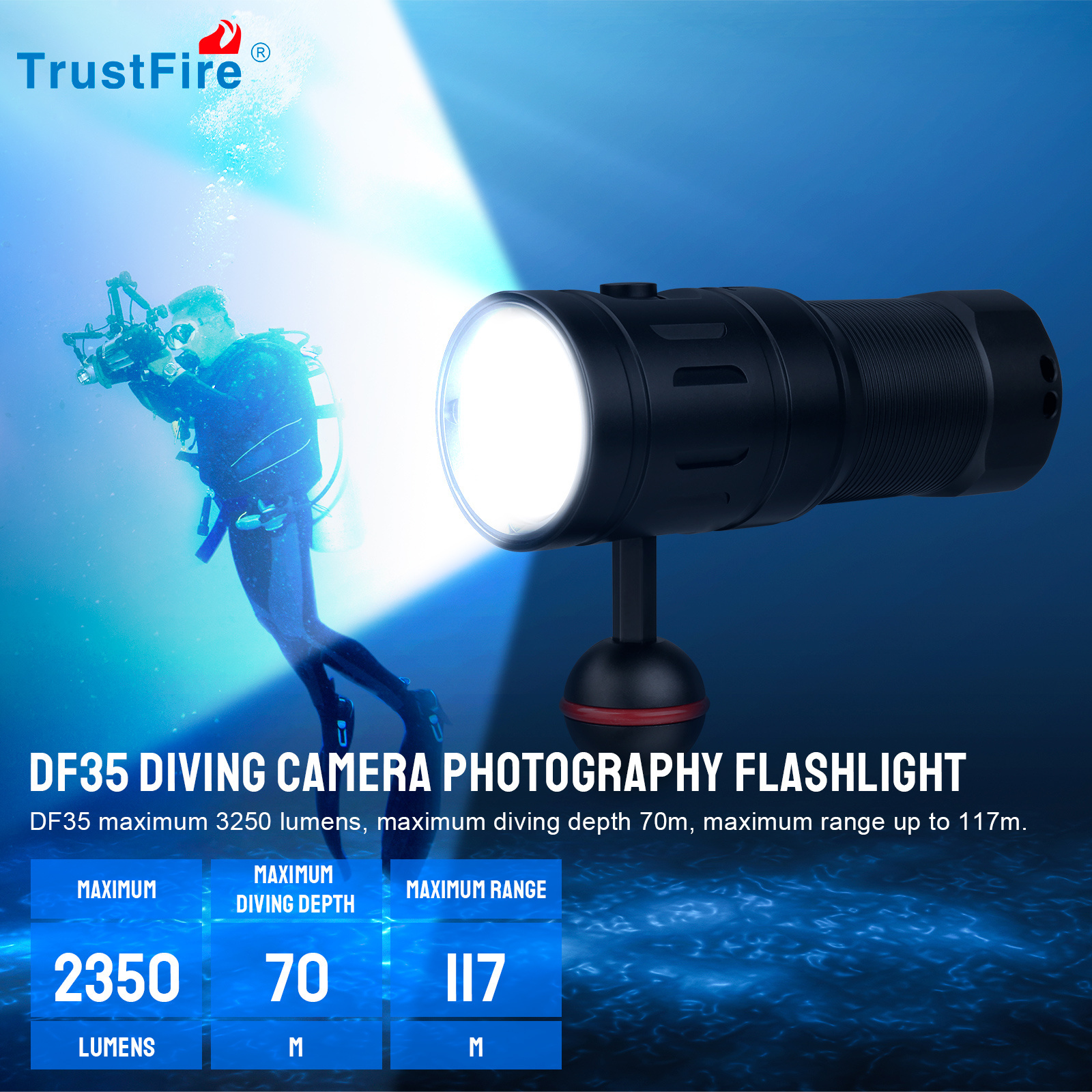 Trustfire DF35 Diving Flashlight Underwater Lights Scuba Dive Torch Light Equipment