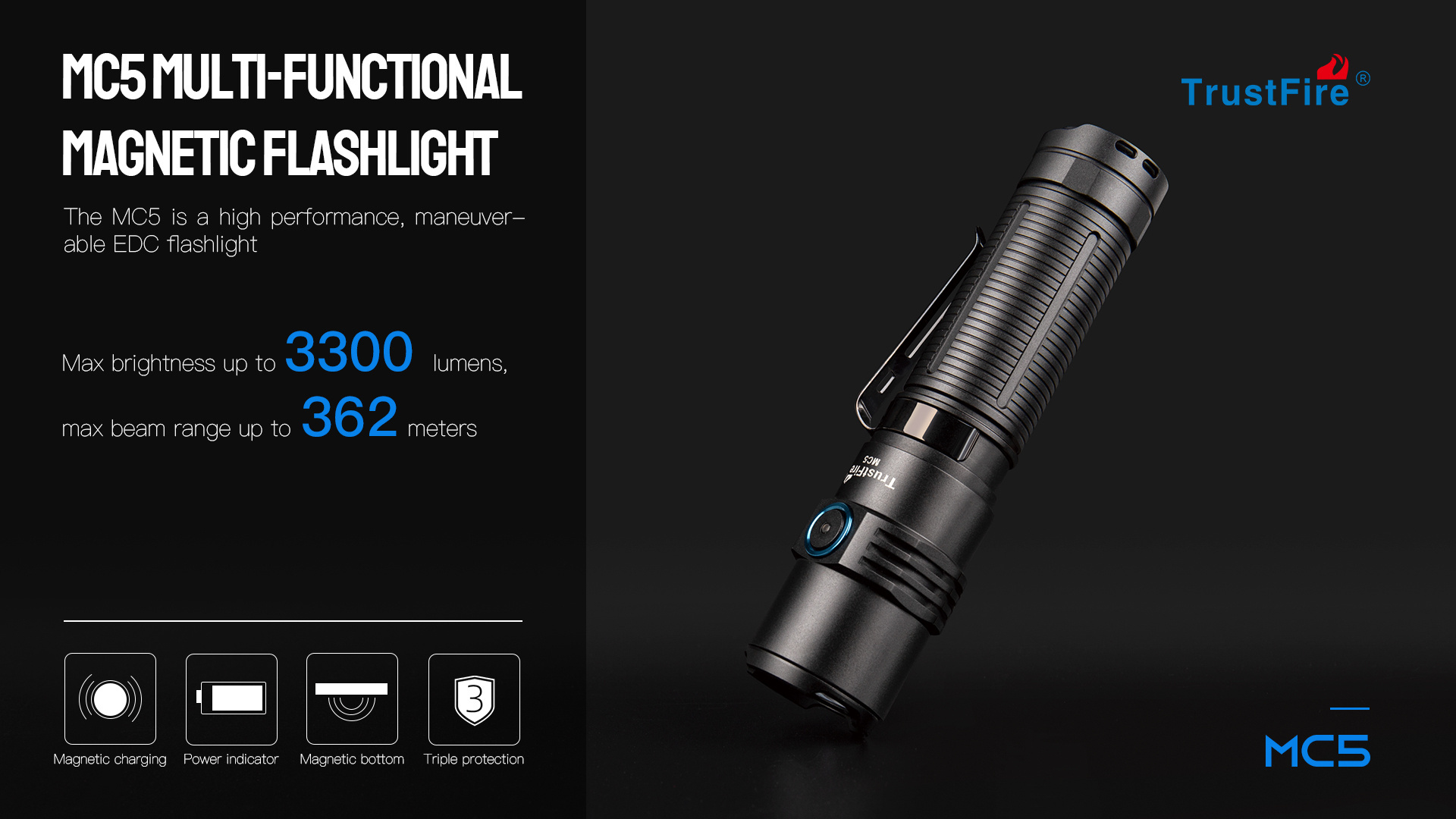 TrustFire MC5 Magnetic LED Flashlight Most Powerful Led 3300Lm EDC Torch Light 21700 Rechargeable Flashlight Flesh Torch