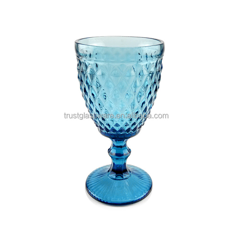 Wholesale engraved diamond Goblet 350ml 11oz Blue Colored Short Stem Heavy Wine Glass