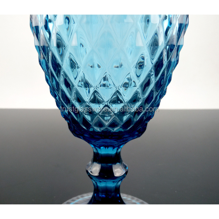 Wholesale engraved diamond Goblet 350ml 11oz Blue Colored Short Stem Heavy Wine Glass