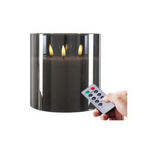 6in Large 3 Wicks Real Wax Battery Operated Glass Pillar Flameless LED Candle with Remote Control for Home Party Dinner Table