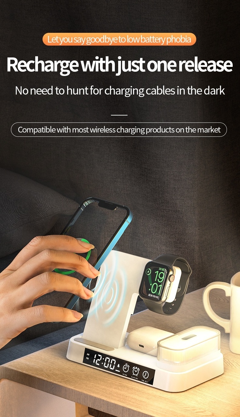 Factory Price 5 in 1 Wireless Clock Led 15W 4 in 1 wireless fast charger phone charger stand wireless charger 4 in 1