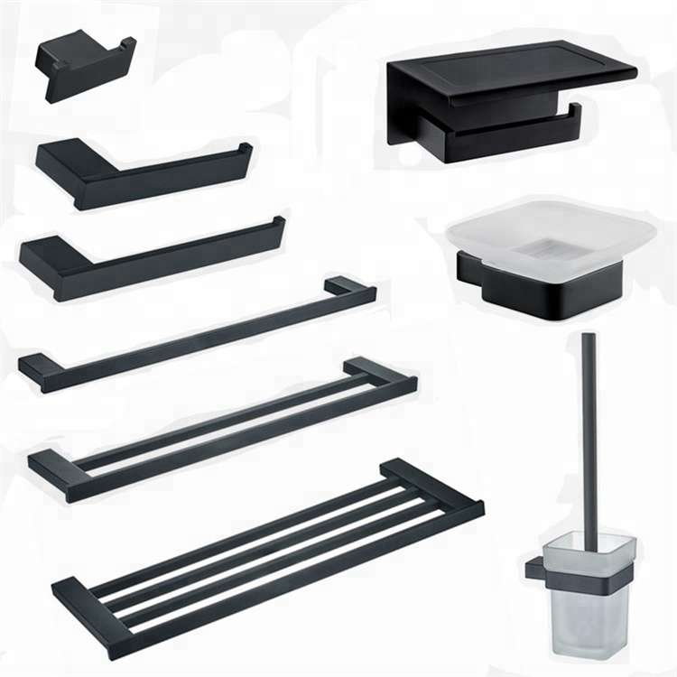 Bathroom Hardware Set Black Robe Hook Towel Rail Rack Bar Shelf Paper Holder Toothbrush Holder Bathroom Accessories