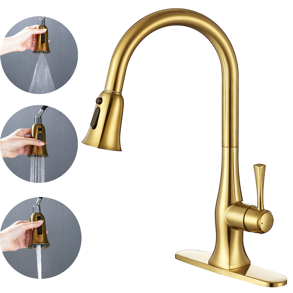 Single Handle High Arc Brushed Gold Pull Out Kitchen Faucet Single Level Brass Kitchen Sink Faucets with Pull Down Sprayer