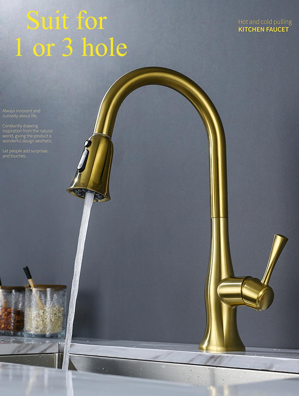 Single Handle High Arc Brushed Gold Pull Out Kitchen Faucet Single Level Brass Kitchen Sink Faucets with Pull Down Sprayer