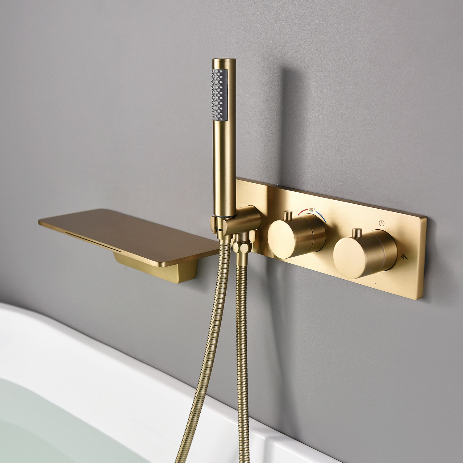 Brushed gold brass wall mounted thermostatic waterfall bathroom faucet gunmetal bathtub luxury faucet