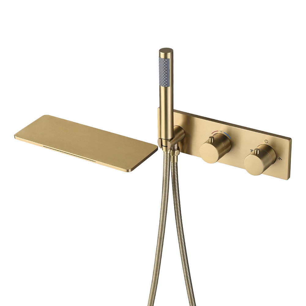 Brushed gold brass wall mounted thermostatic waterfall bathroom faucet gunmetal bathtub luxury faucet