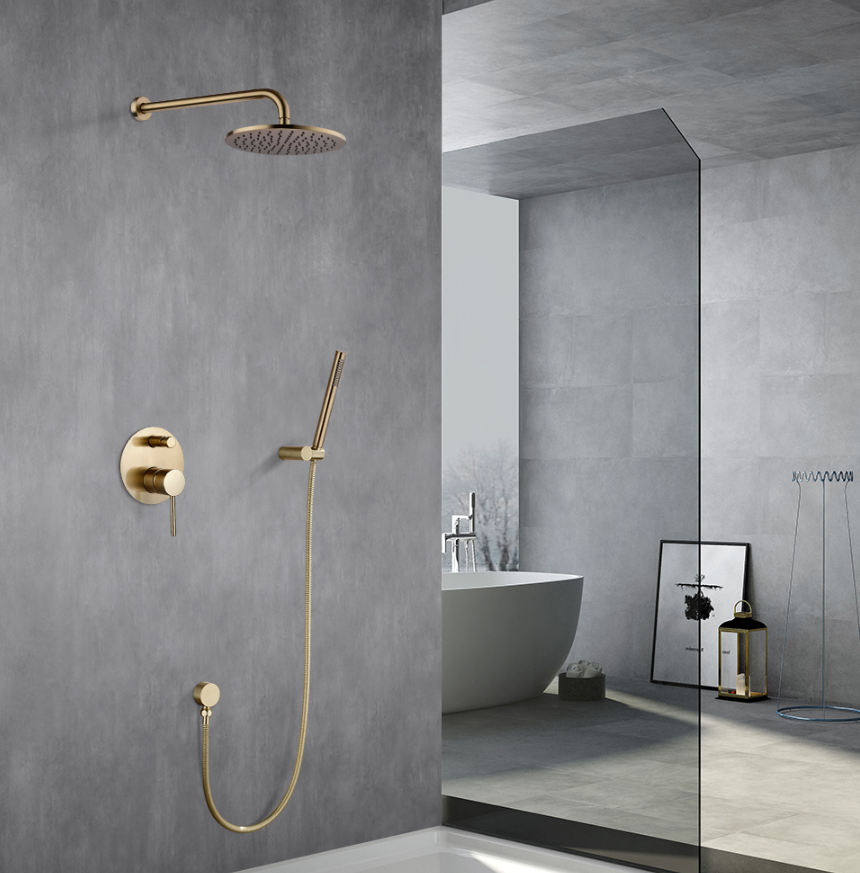 Brushed Gold Solid Brass Bathroom Shower Set Rainfall Shower Faucet Wall Mounted Shower Arm Mixer Water Set