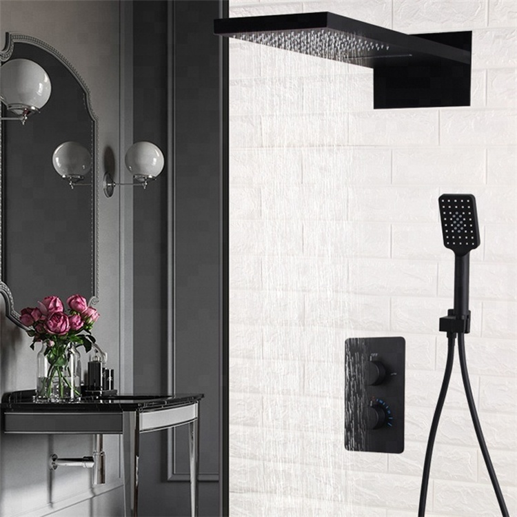 Wall Mounted Black Brass Bathroom Thermostatic Shower Faucet Set Waterfall Rainfall Shower Head Bath Faucet