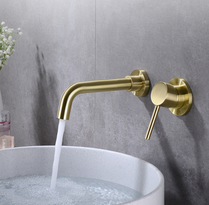 Matte Brass Brushed gold Wall Mounted Basin Faucet Single Handle Bathroom Mixer Tap Hot Cold Sink Faucet