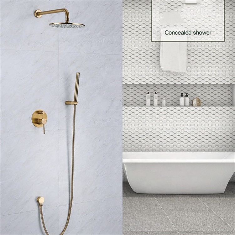 Brushed Gold Solid Brass Bathroom Shower Set Rainfall Shower Faucet Wall Mounted Shower Arm Mixer Water Set