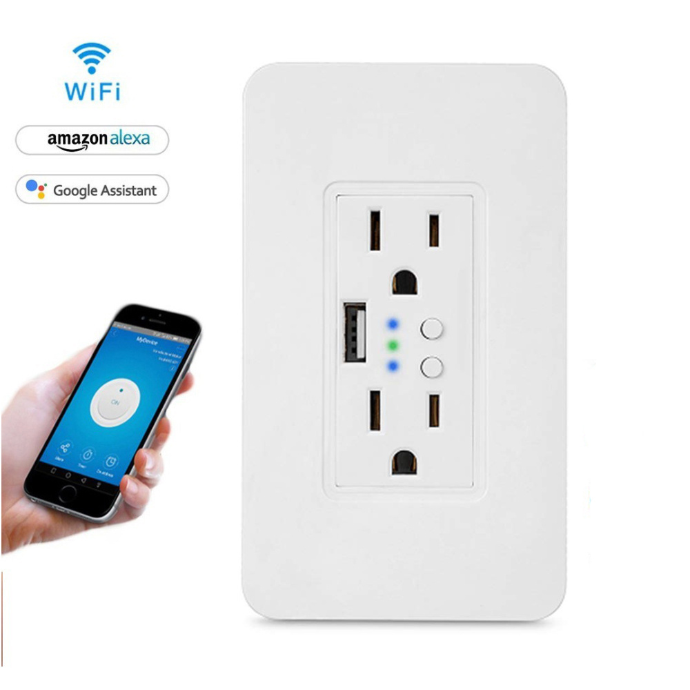 US 110V 15Amp Tuya Timer APP WiFi Smart USB Socket and Switch Alexa Wall Outlet