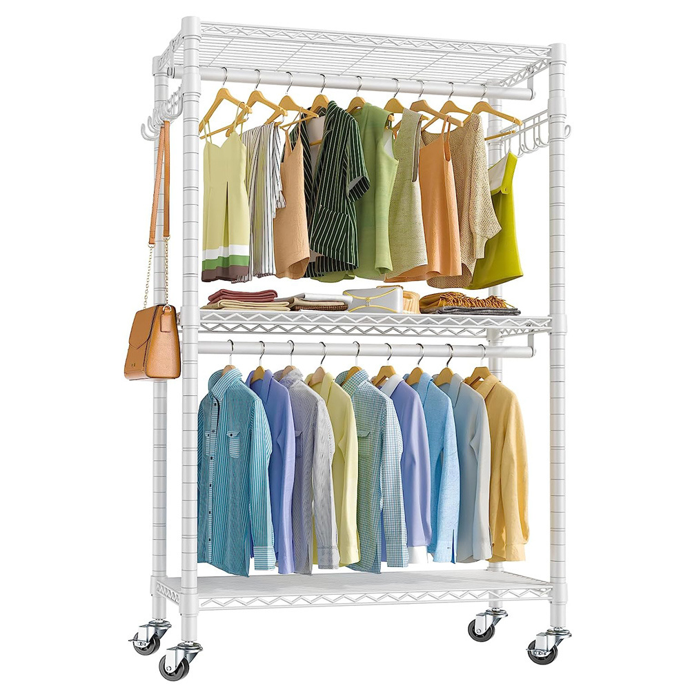 Portable Closets Rolling Garment Rack 3 Tiers Adjustable Wire Shelving Clothes Rack with Wheels, Freestanding Wardrobe Storage