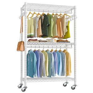 Portable Closets Rolling Garment Rack 3 Tiers Adjustable Wire Shelving Clothes Rack with Wheels, Freestanding Wardrobe Storage