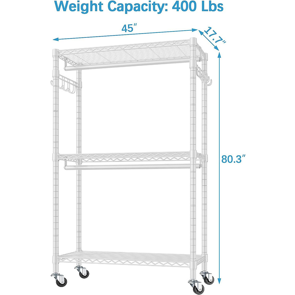 Portable Closets Rolling Garment Rack 3 Tiers Adjustable Wire Shelving Clothes Rack with Wheels, Freestanding Wardrobe Storage