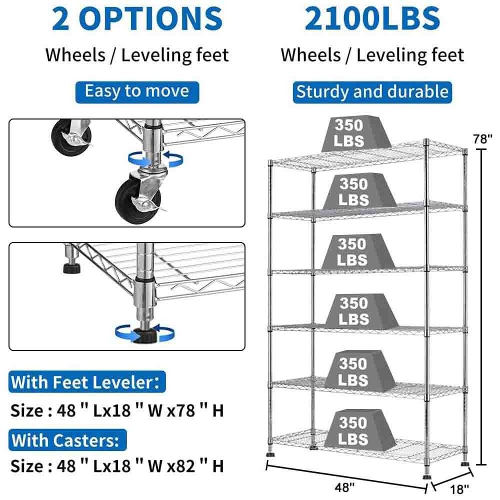 6 Tier Wire Shelving Unit with Wheels, Heavy Duty Storage Shelves, Garage Kitchen Adjustable NSF Metal Shelf