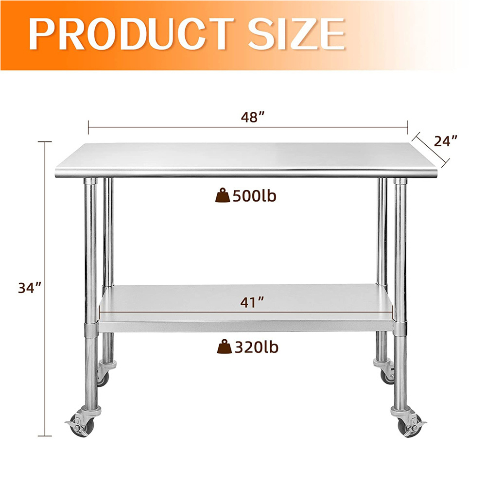 Stainless Steel Prep Work Table with Adjustable Shelf, Commercial Workstations with Wheels, Kitchen Island,