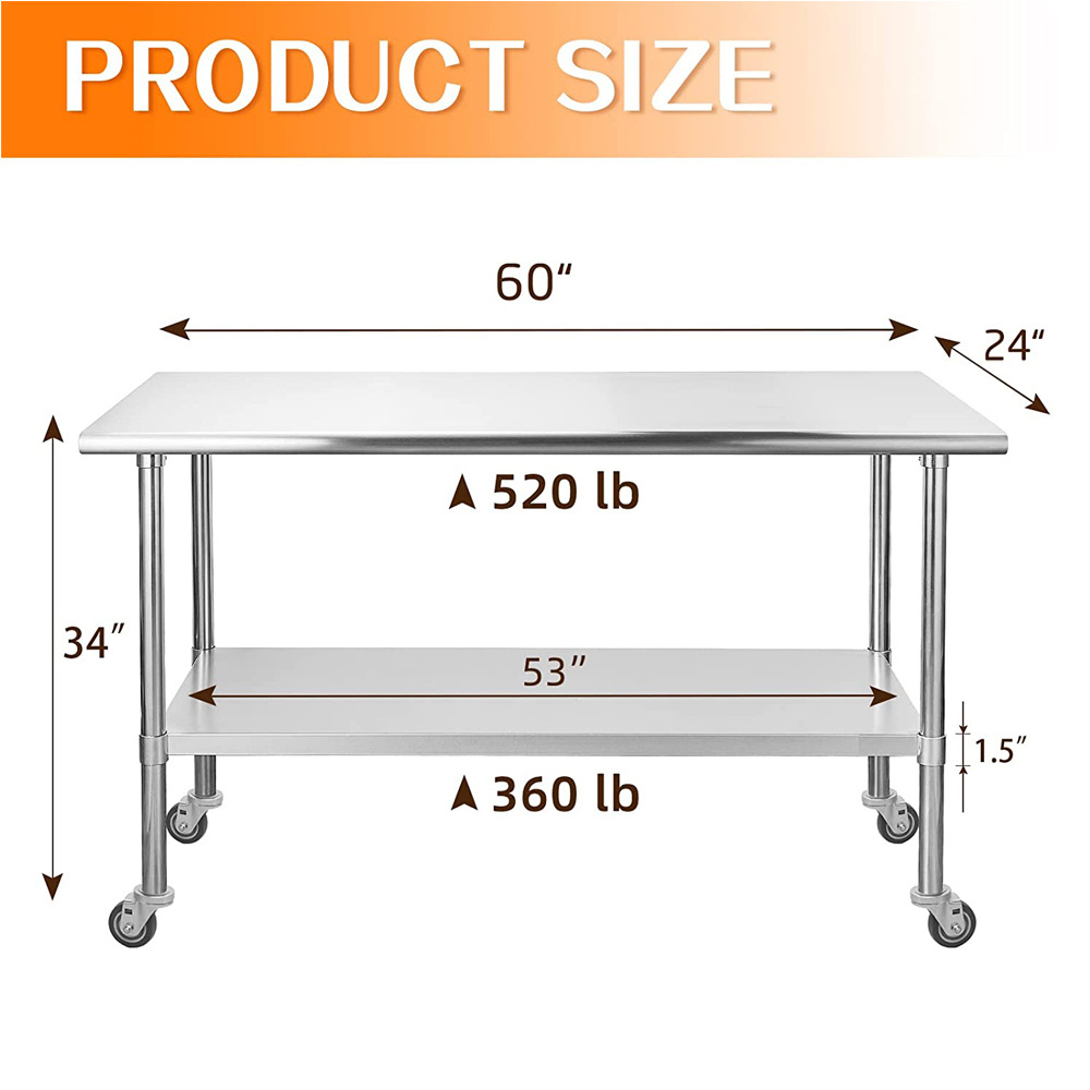 Stainless Steel Prep Work Table with Adjustable Shelf, Commercial Workstations with Wheels, Kitchen Island,