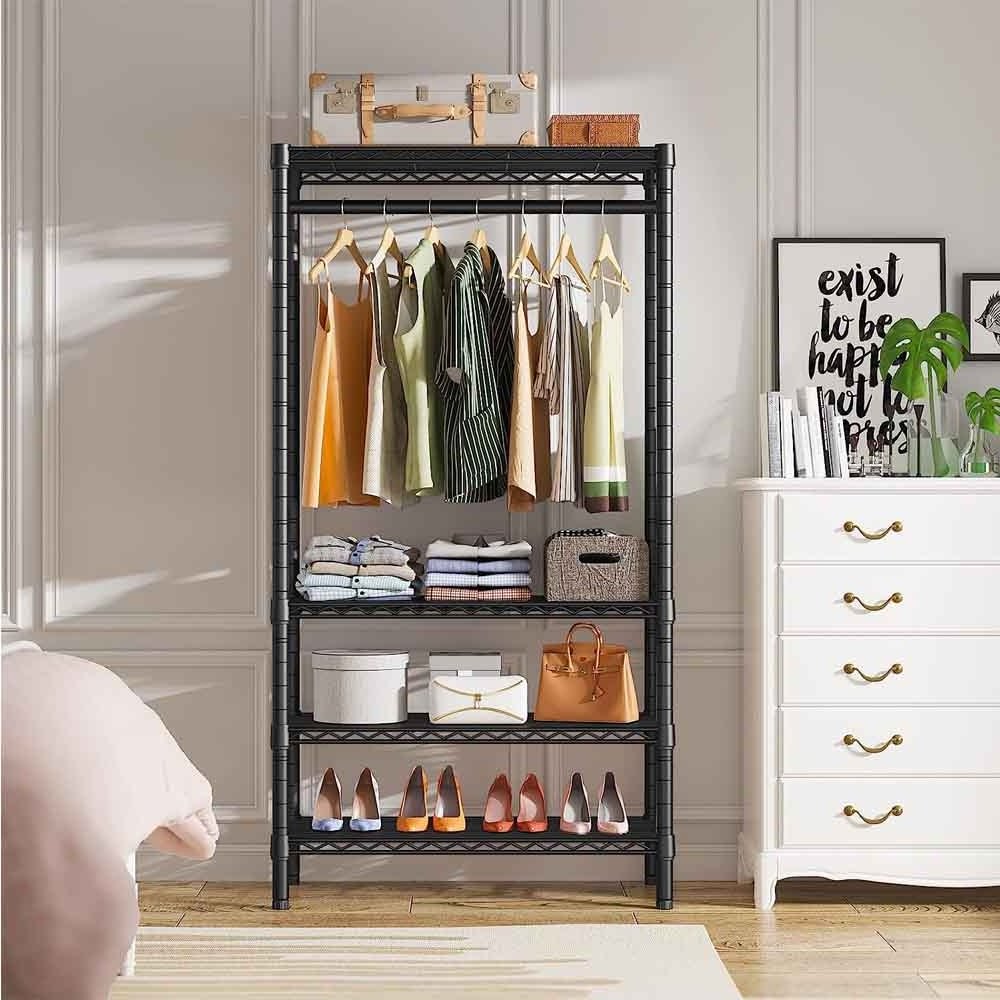 Wire Garment Rack 4 Tiers Heavy Duty Clothes Rack for Hanging Clothing Rack Freestanding Closet with Hanging Rod,Black