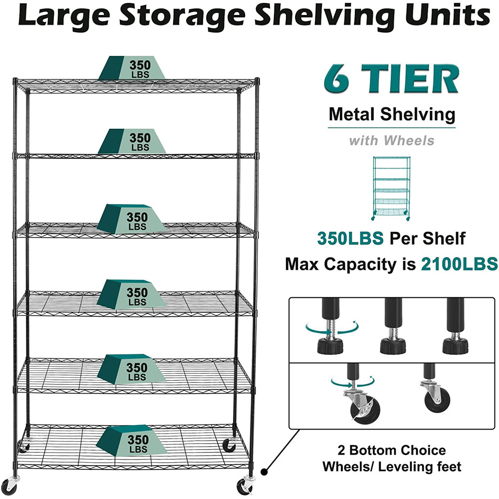 6- Tires Adjustable Heavy Duty Metal Shelf Wire Storage Rack for Home Office Garage Shelf Shelving Units on Wheels Casters