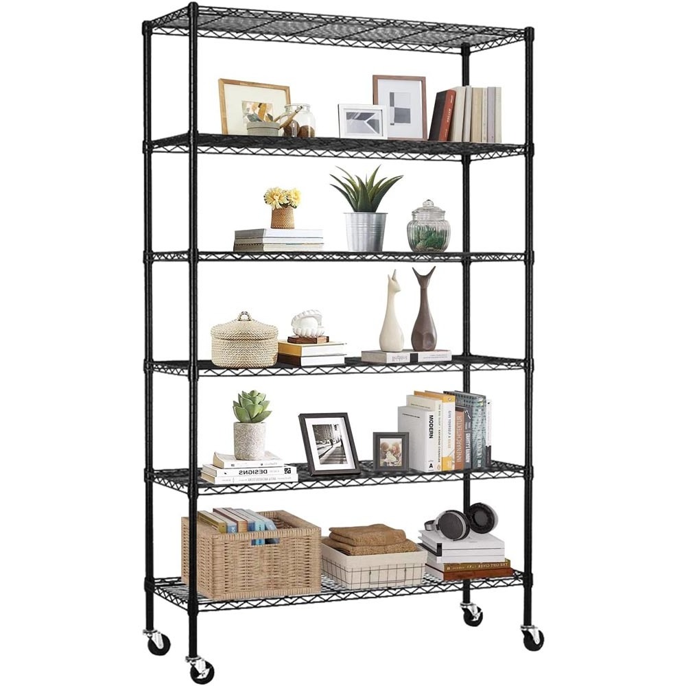 Black 6-Tier Storage Shelves on Wheels  High-Quality 6 Layers Black Wire Metal Storage Utility Rack Shelves